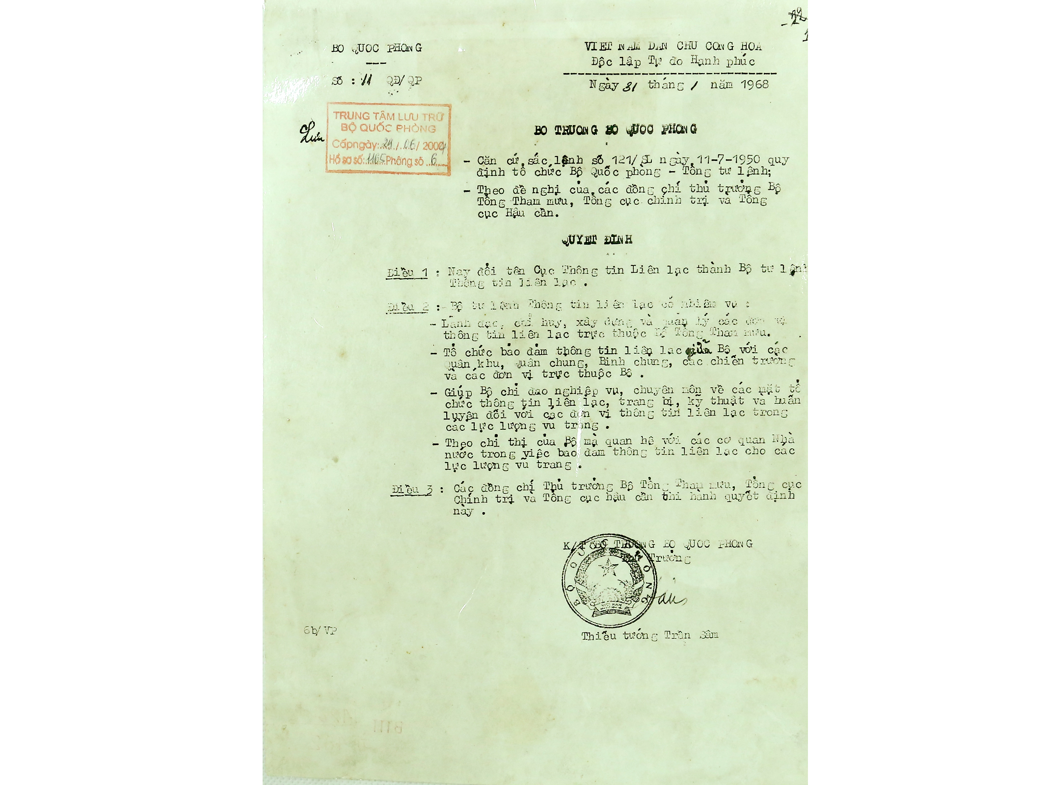 Quyết định, đổi tên Cục Thông tin liên lạc thành Bộ Tư lệnh Thông tin liên lạc của Bộ Quốc phòng, ngày 31/01/1968