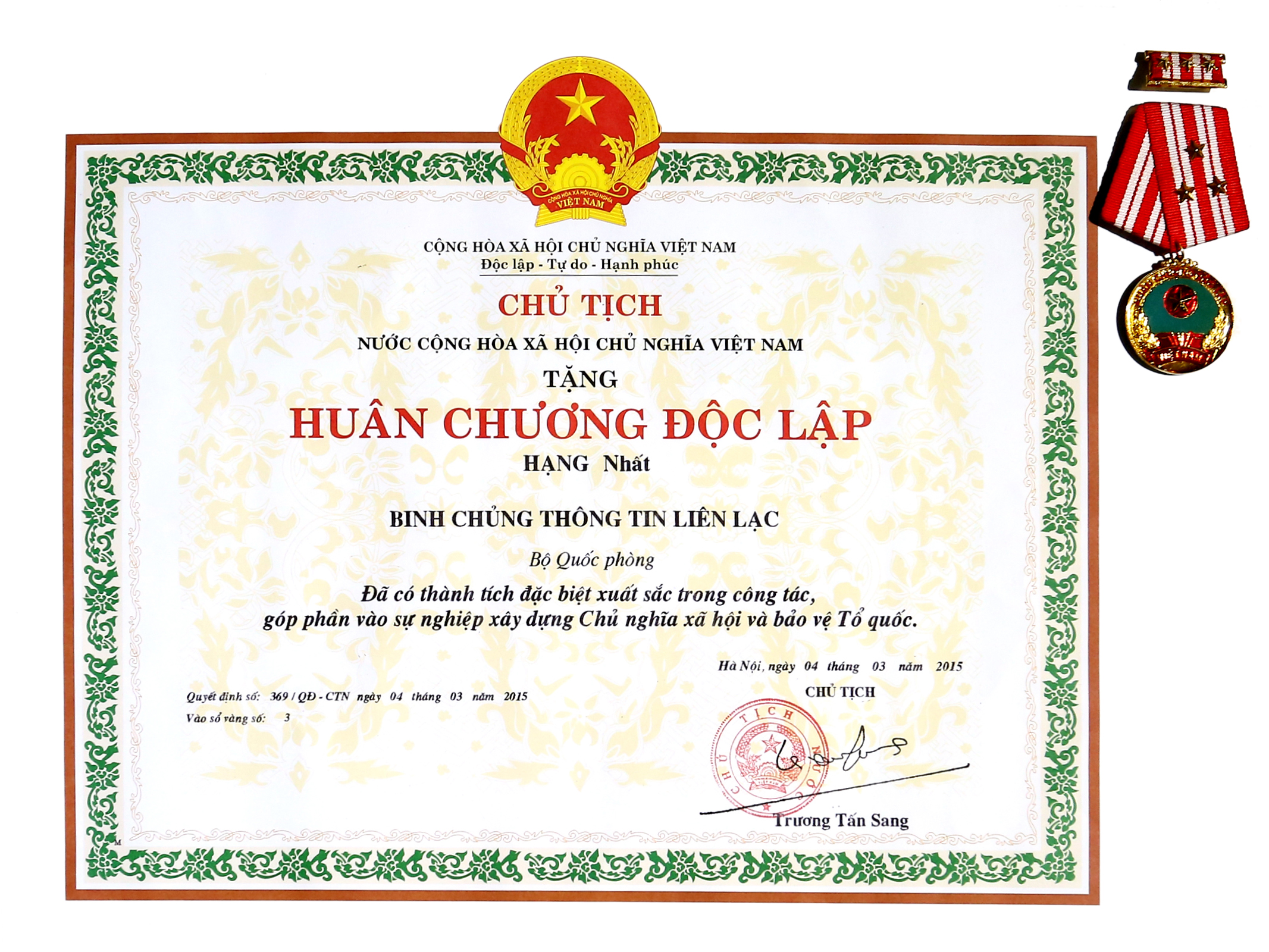 Huân chương Độc lập hạng Nhất, Chủ tịch nước Trương Tấn Sang tặng Binh chủng Thông tin liên lạc, ngày 04/3/2015